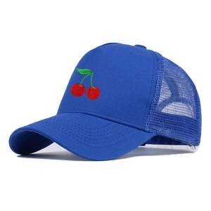 Royal blue trucker hat with red cherry embroidery and breathable mesh back panels