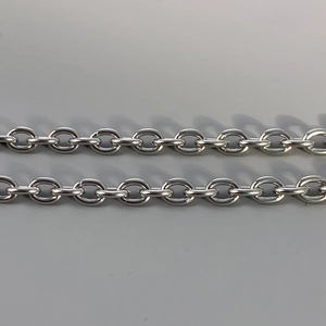 Macro shot of polished silver metal oval link chain with minimalist industrial texture