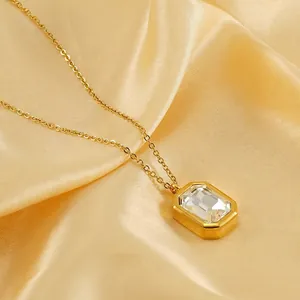 Square zircon pendant necklace in gold stainless steel on elegant champagne silk