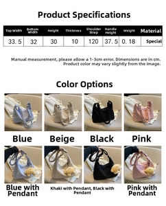 Detailed size chart for large tote bag showing top width, height, and handle dimensions