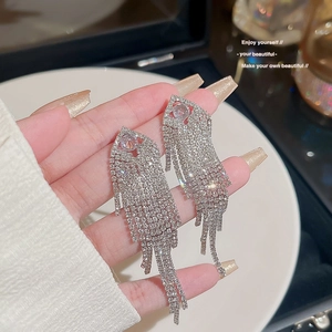 Elegant silver long tassel drop earrings with sparkling rhinestones and geometric design