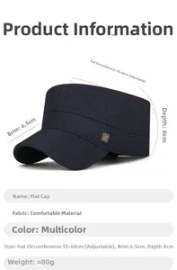 Detailed view of men's navy flat top cap with metal logo and size adjustment specs