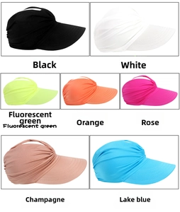 Collage of breathable sun visors in seven colors including black, white and vibrant neon hues