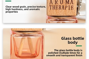 Detailed close-up of square glass perfume bottle with engraved wooden cap and clip