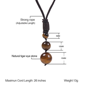 Adjustable tiger eye stone pendant necklace with 8mm, 12mm, and 16mm natural beads