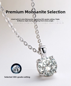 Macro shot of D-color 3EX moissanite pendant featuring 925 sterling silver four-prong setting