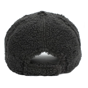 Back view of a thick dark gray Sherpa baseball cap with an adjustable Velcro strap
