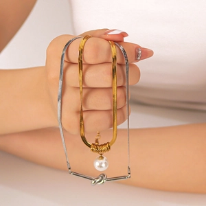 Snake Chain Necklace Stainless Steel Artificial Pearl Knot Pendant Waterproof 18K Gold Plated Minimalist Jewelry For Women