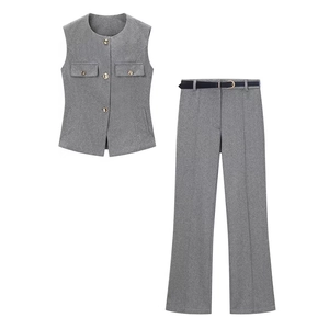 Gilet Et Pantalon Pour Femmes Haut Sans Manches À Col Rond Pantalon Droit Avec Ceinture Business Casual