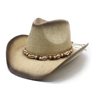 Western Cowboy Straw Hat With Shell Wood Beads Ethnic Wide Brim Sun Protection Breathable Beach Vacation Vintage