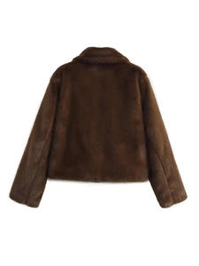 Back view of brown faux fur jacket showing fluffy texture and premium material detail
