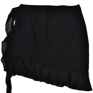 Detail of black mesh wrap skirt featuring sheer fabric and irregular ruffled hemline