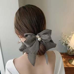 Elegant Big Bow Hair Clip With Faux Artificial Pearls Fabric Houndstooth Paisley Leopard Print Retro Barrette For Women Girls
