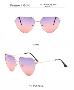 Front and 45-degree views of heart-shaped gold metal sunglasses with purple gradient lenses