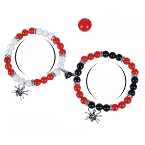Halloween beaded couple bracelets with spider charms and magnetic heart clasp set