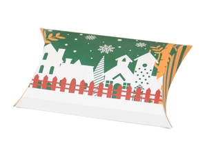 Detail of Christmas pillow gift box featuring green background and snowflake patterns