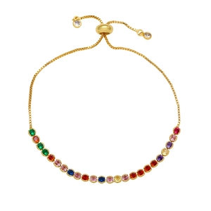 Adjustable gold bracelet with rainbow cubic zirconia stones and sliding bead closure