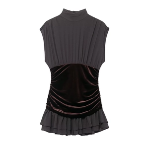 Robe Mini Sans Manches À Col Montant Velours Mousseline Patchwork Ourlet À Volants Superposé Plissé Slim Fit Élégante Femme