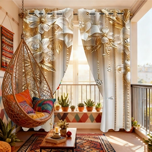 Detail of luxury white and gold floral curtains with bead trim in a sunlit balcony setting