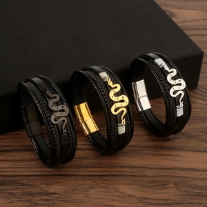 Snake Shape Men Stainless Steel Multi-layer Woven Leather Bracelet With Magnetic Clasp Punk Style Jewelry