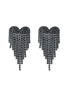 Detail of dark grey crystal heart earrings with elegant long tassel diamond fringe