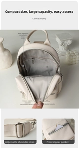 Detail of off-white lychee leather backpack showing internal pockets and zip compartment
