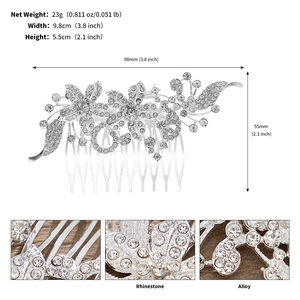 Detailed size specifications and weight for the silver alloy bridal rhinestone hair comb