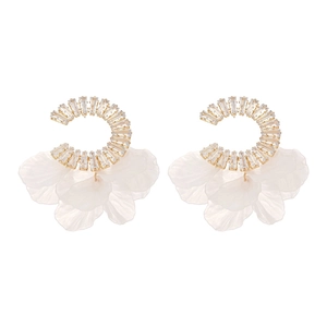 Floral tassel drop earrings with white shell petals and rectangular cubic zirconia accents