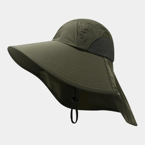 Olive green outdoor wide brim sun hat with neck flap and breathable mesh panels