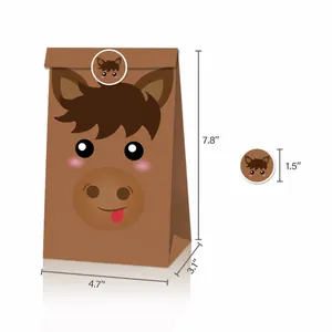 Sac cadeau en papier kraft cheval marron avec autocollant et dimensions détaillées