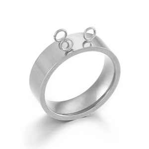 Detailed view of silver stainless steel ring featuring three small hanging loops