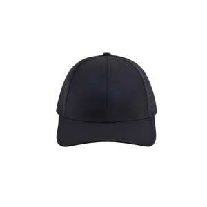 Quick-dry black baseball cap with laser-cut side vents and a structured crown design