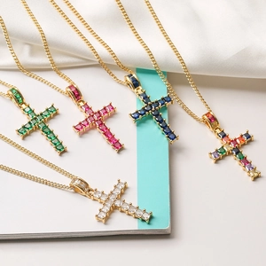 Luxurious gold-plated cross necklaces with colorful square-cut gems on cuban chains