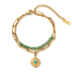 Double-layer stainless steel bracelet with green natural stones and sun charm pendant