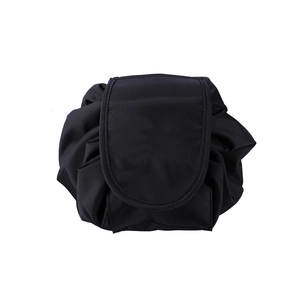 Large black drawstring oxford cloth makeup bag with foldable design on white background