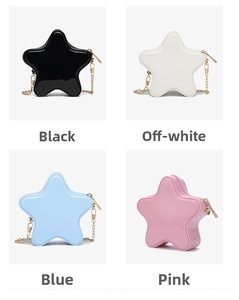 Collage showing star-shaped PVC jelly bags in black, off-white, blue and pink colors