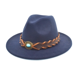 Dark blue wool fedora hat with brown leather braided band and turquoise metal buckle