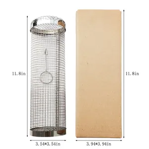 Detail of 30cm stainless steel BBQ rolling grill basket with brown cardboard packaging box