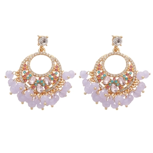 Golden crystal geometric round earrings with purple tassels and sparkling rhinestones