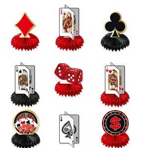 Casino party honeycomb centerpiece set with poker cards, dice, and chips size details