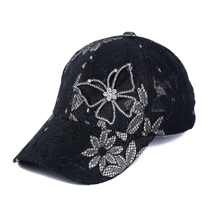 Women's black lace baseball cap with rhinestone butterfly and breathable sun protection mesh