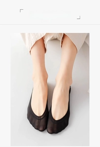Detail of ultra-low cut black ice silk invisible socks with scalloped edges and non-slip silicone