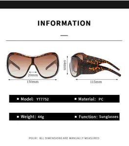 Detailed size guide for oversized sunglasses with PC frame measurements and weight