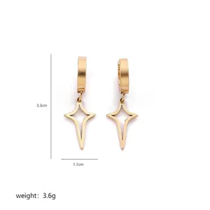 Gold star drop earrings with dimensions 3.3cm height and 1.1cm width on white background