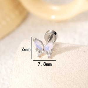 Titanium butterfly earring with zircon and opal inlay, screw back design, 7.8mm width