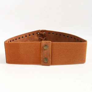 Brown wide corset belt featuring rivet studs with elastic band and metal snap buttons