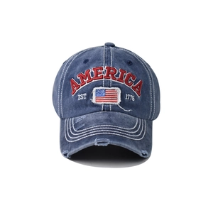 Vintage gewaschene marineblaue Denim-Baseballkappe mit US-Flaggenstickerei und Distressed-Effekt