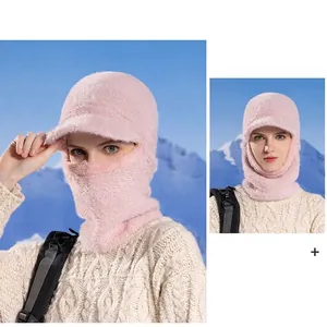 Cagoule d'hiver en peluche rose avec visière et cache-cou pour protection extérieure