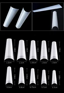 Size chart showing 10 different dimensions for long flat French false nail tips in cm