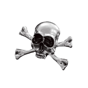 Detailed macro view of antique silver pirate skull and crossbones goth punk metal accessory